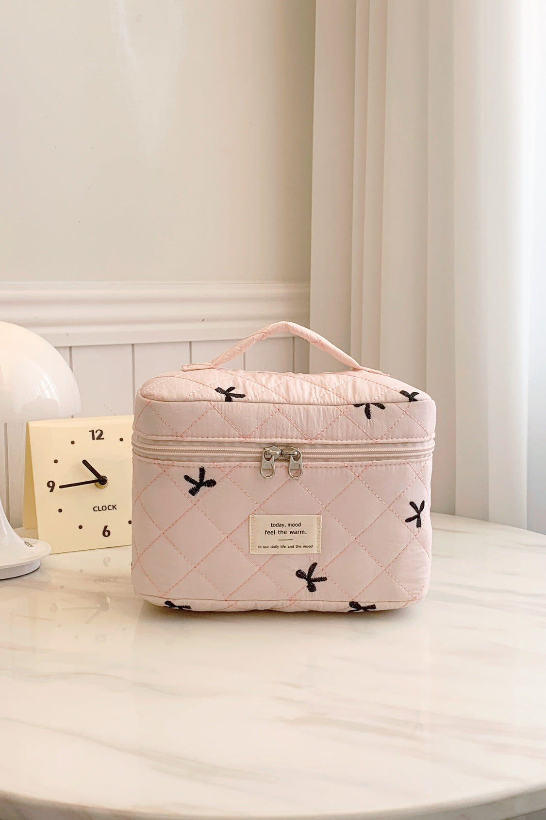 Outfit Flow - Bow Embroidered Quilted Storage Bag with Zip