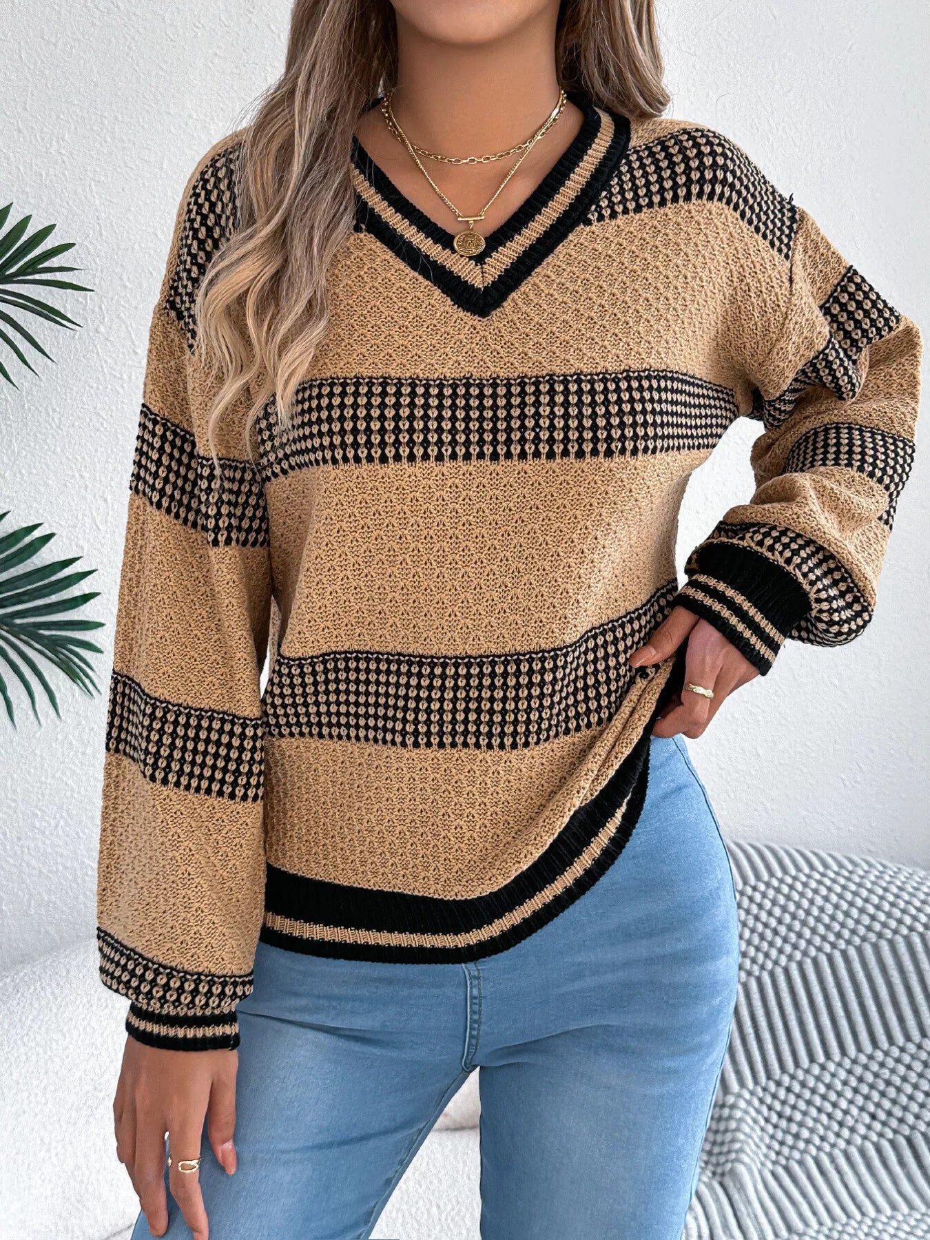 Contrast Striped V-Neck Sweater OutfitFlow