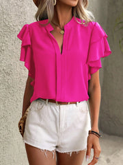 Ruffle Sleeve Notched Blouse OutfitFlow