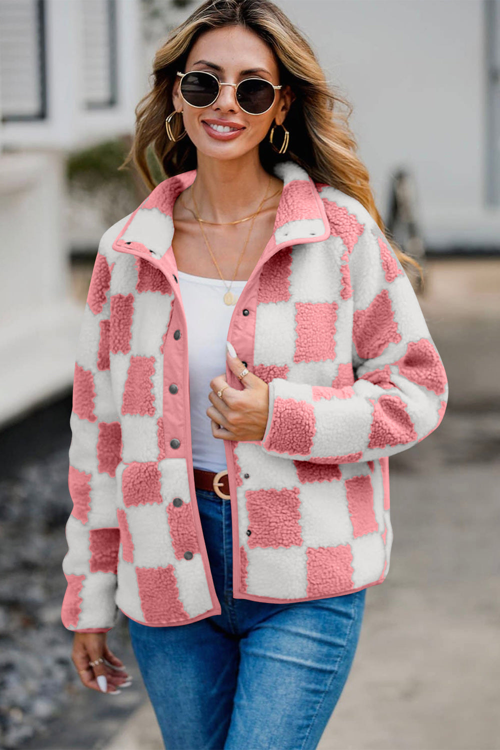 Outfit Flow - Checkered Snap Down Long Sleeve Teddy Jacket