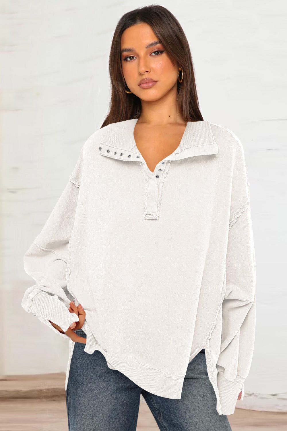 Exposed Seam Side Slit Long Sleeve Sweatshirt White OutfitFlow
