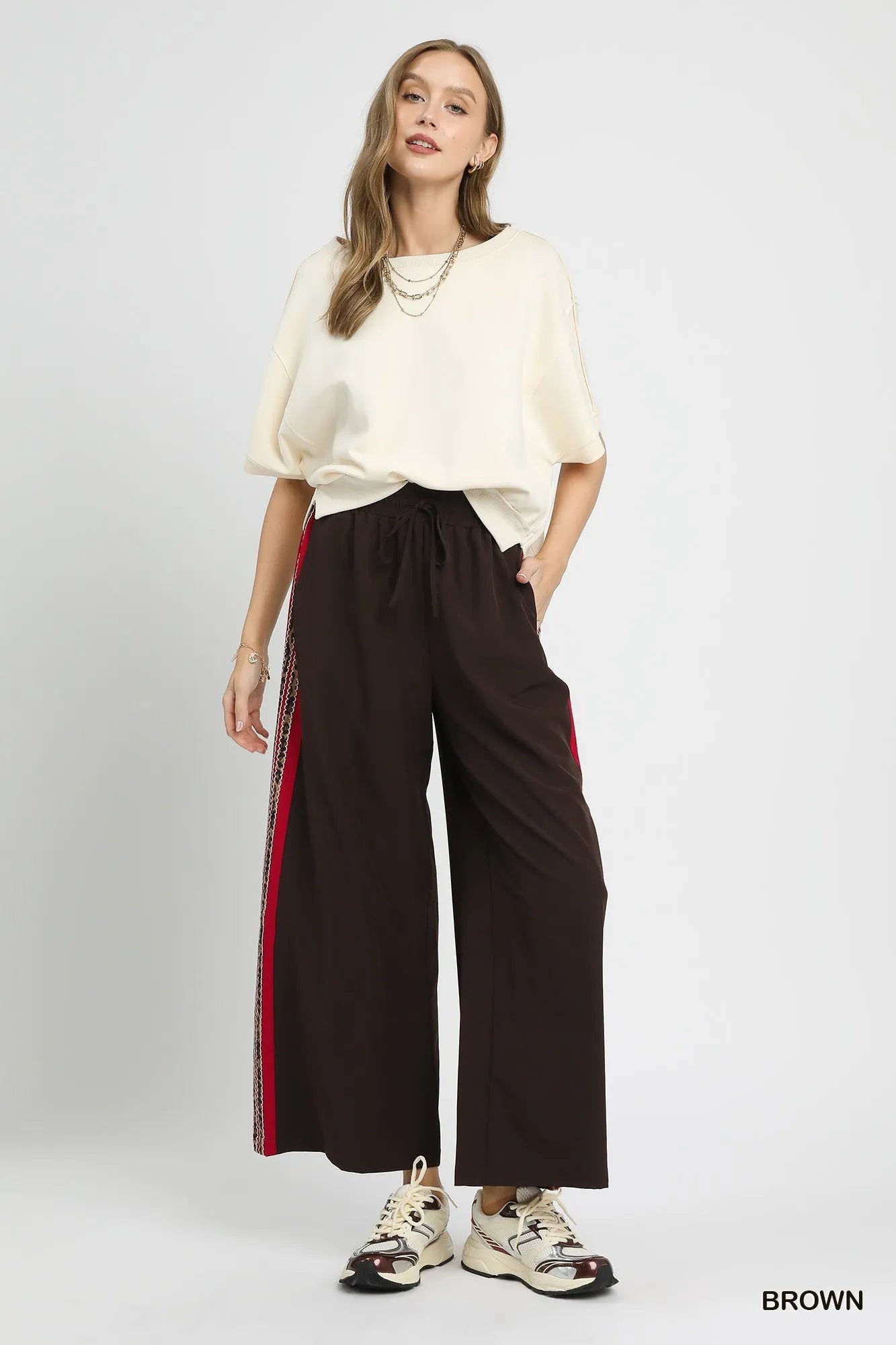 Umgee Wide Leg Pants with Contrast Side Trim OutfitFlow