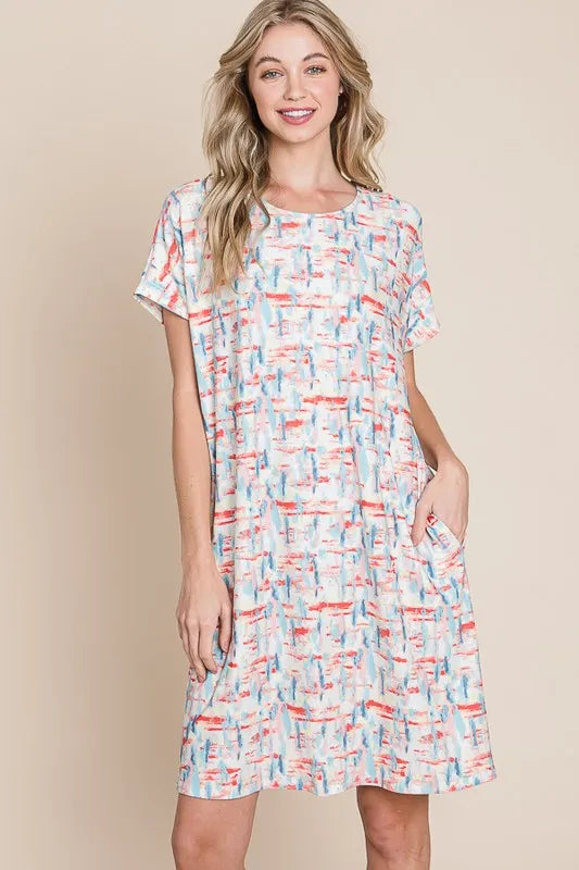 BOMBOM Printed Round Neck Short Sleeve Tee Dress Red OutfitFlow