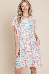 BOMBOM Printed Round Neck Short Sleeve Tee Dress Red OutfitFlow
