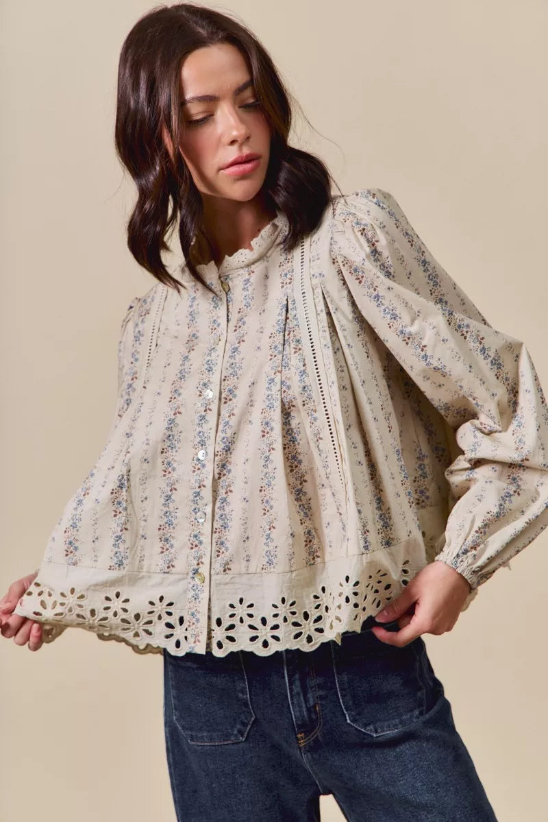 SO ME Floral Print Lace Button Down Shirt OutfitFlow