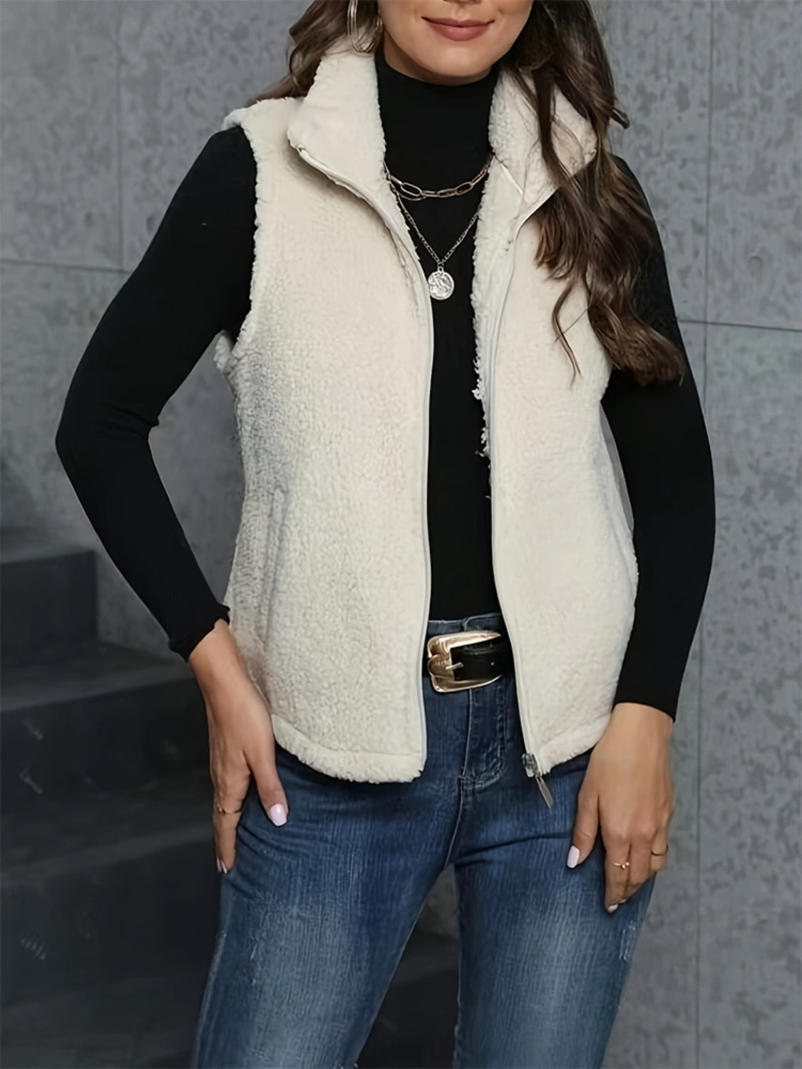 Outfit Flow - Zip Up Turtleneck Sherpa Vest Coat with Pockets