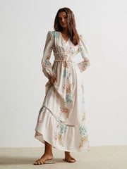 Floral Print Long Sleeve Maxi Dress with Smocked Waist Cream OutfitFlow