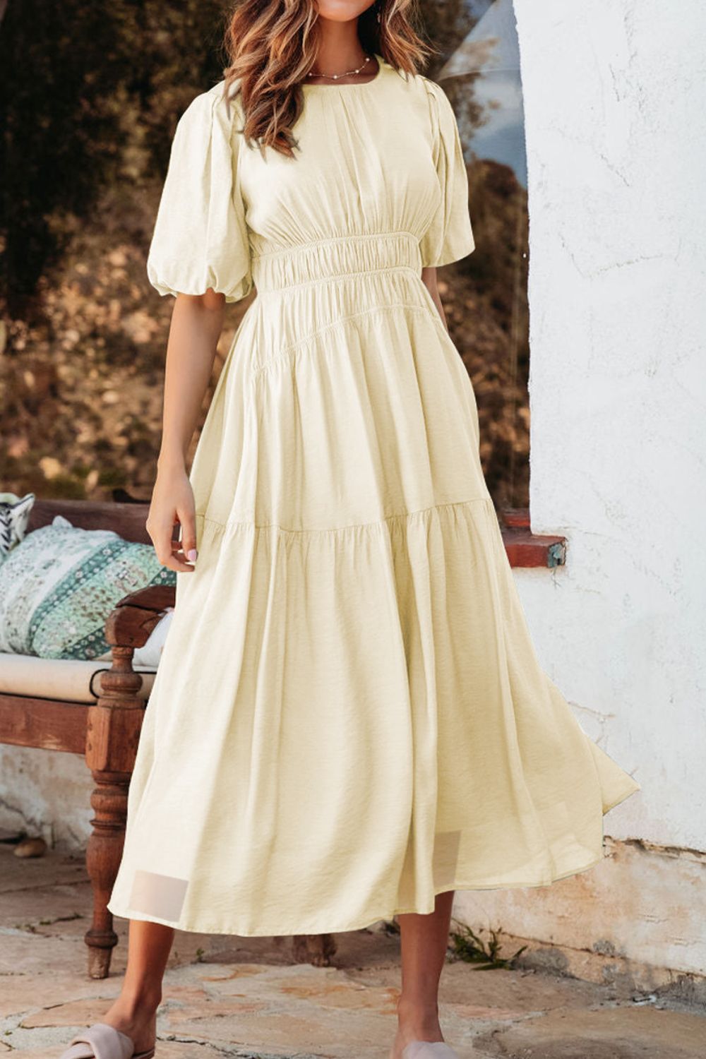Puff Sleeve Pleated High Waist Flowy Midi Dress OutfitFlow