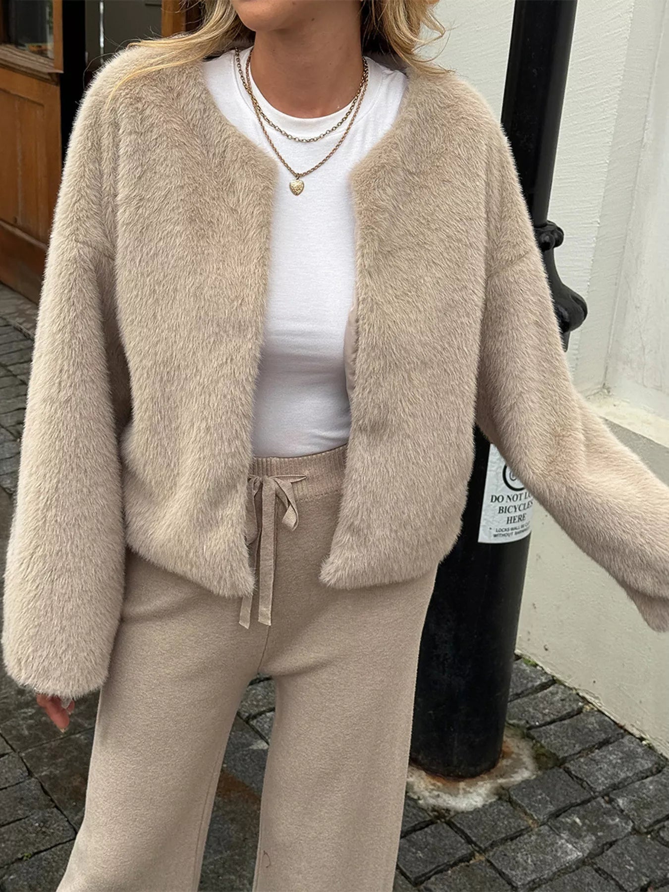 Open Front Dropped Shoulder Fuzzy Outerwear Khaki OutfitFlow