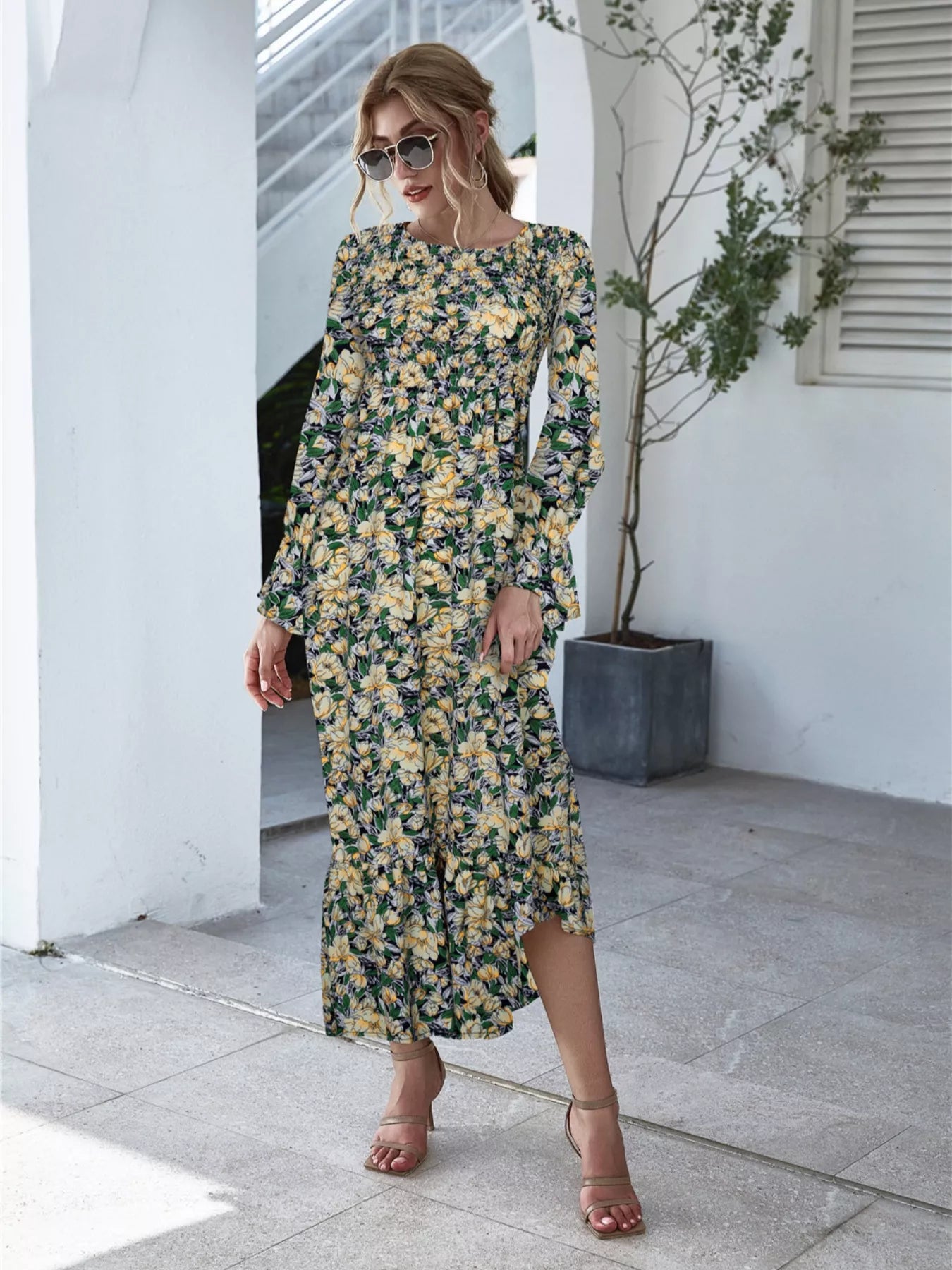 Floral Flounce Sleeve Maxi Dress OutfitFlow