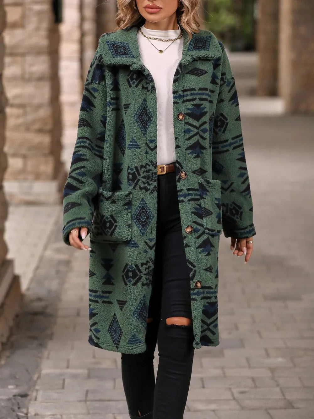 Geometric Pocketed Dropped Shoulder Coat Sage Trendsi