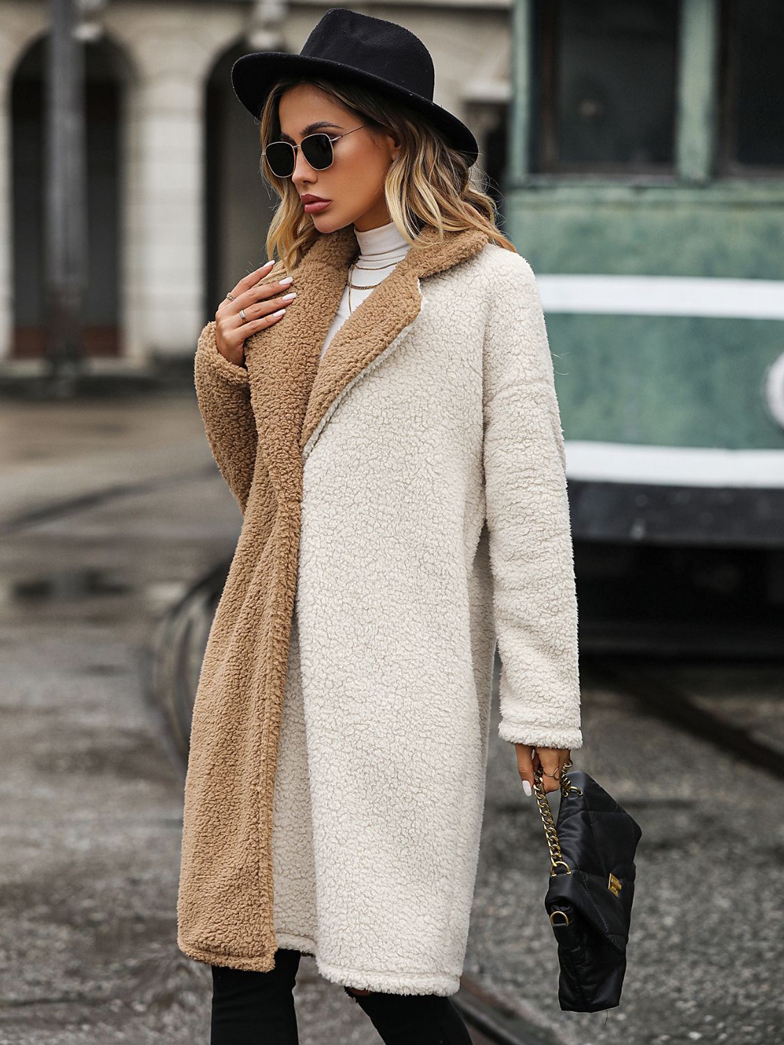 Contrast Dropped Shoulder Sherpa Coat Trendsi