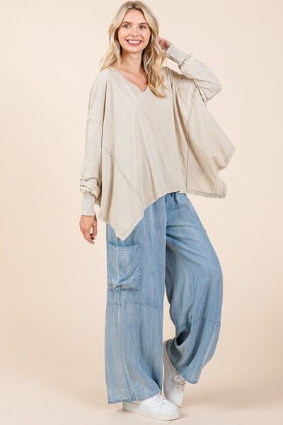 Mittoshop Mineral Wash V-Neck Long Sleeve Oversized Top OutfitFlow