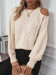 Outfit Flow - Cable Knit Round Neck Cold Shoulder Sweater