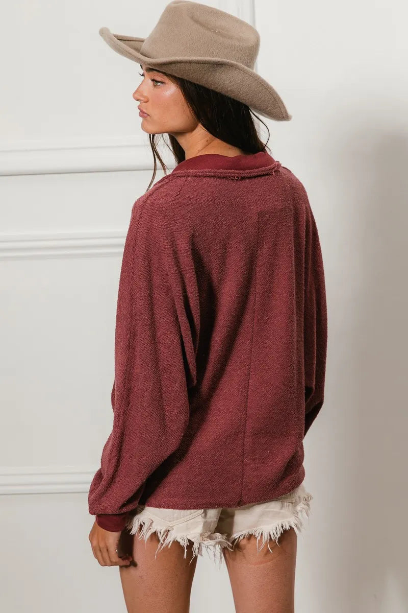 BiBi Cp French Terry Cut Edge Detail Collared Top OutfitFlow