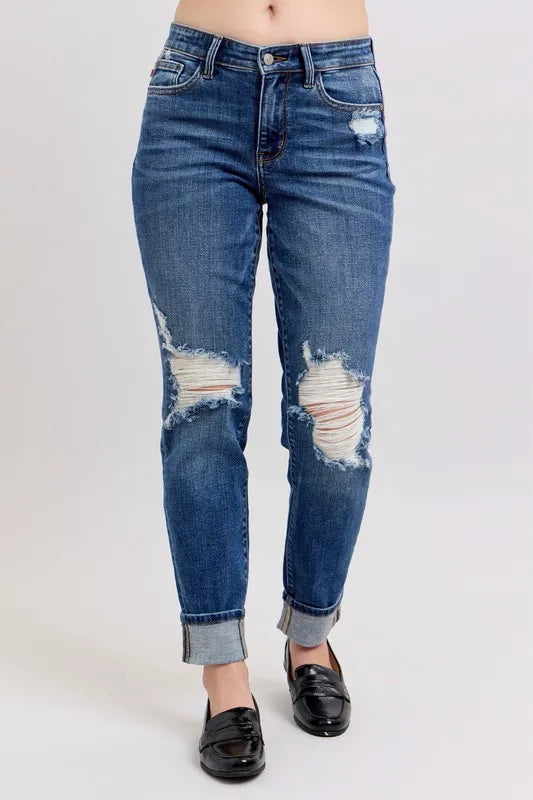 Judy Blue Full Size Midi Rise Boyfriend destroy Jeans with Yoke Pockets and Faux Selvedge Cuff Plus Size DK OutfitFlow