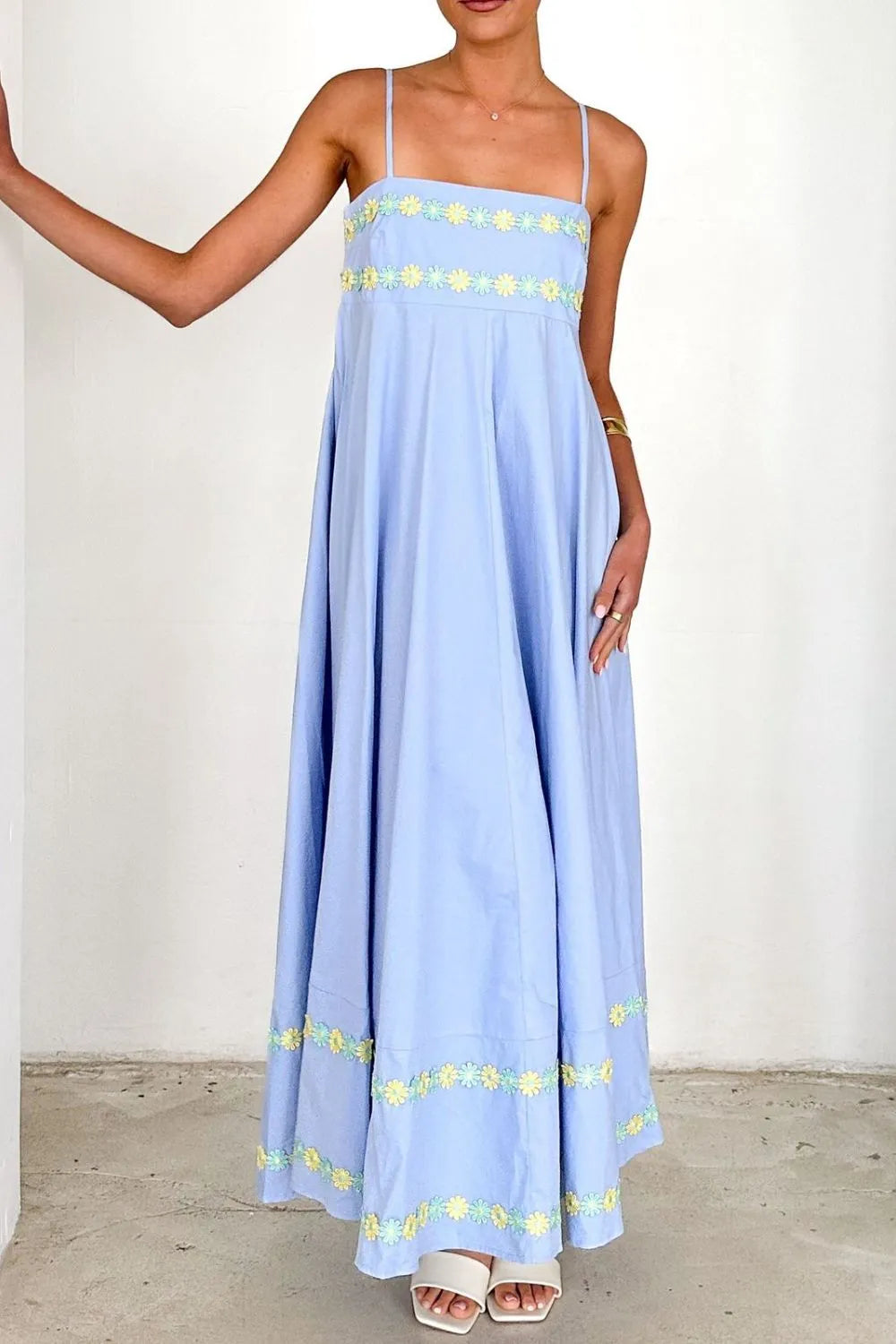 Floral Embroidered Spaghetti Strap Maxi Dress OutfitFlow