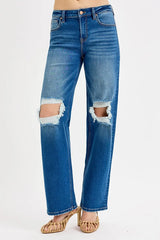 RISEN Full Size Mid Waist Fit Boyfriend Knee Distressed Jeans Plus Size MEDIUM OutfitFlow