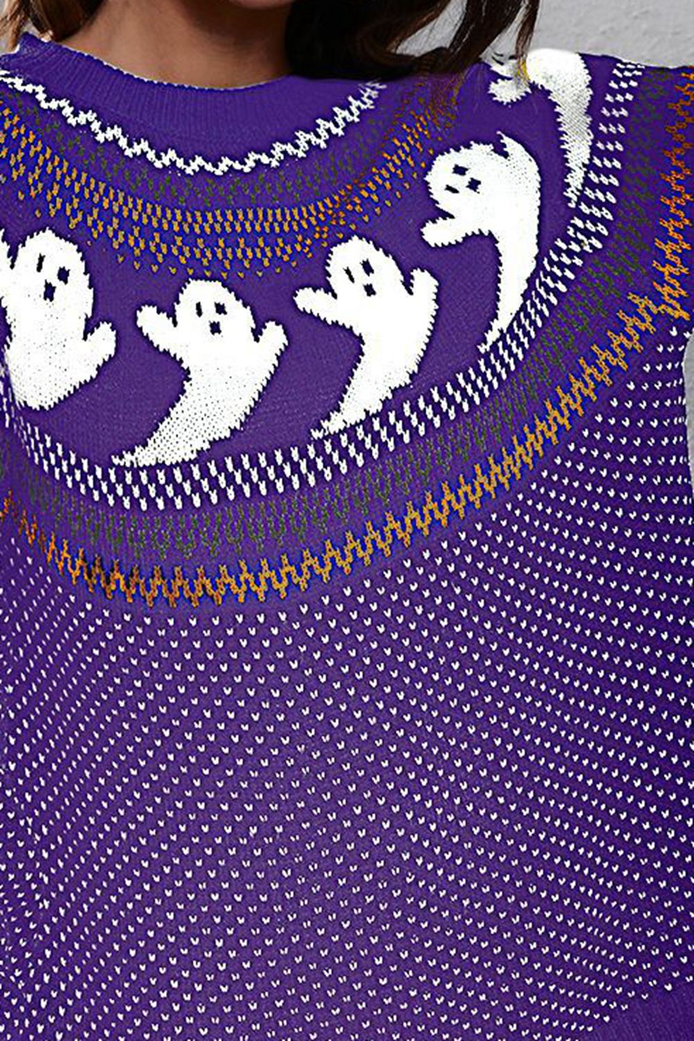 Ghost Pattern Round Neck Long Sleeve Sweater OutfitFlow