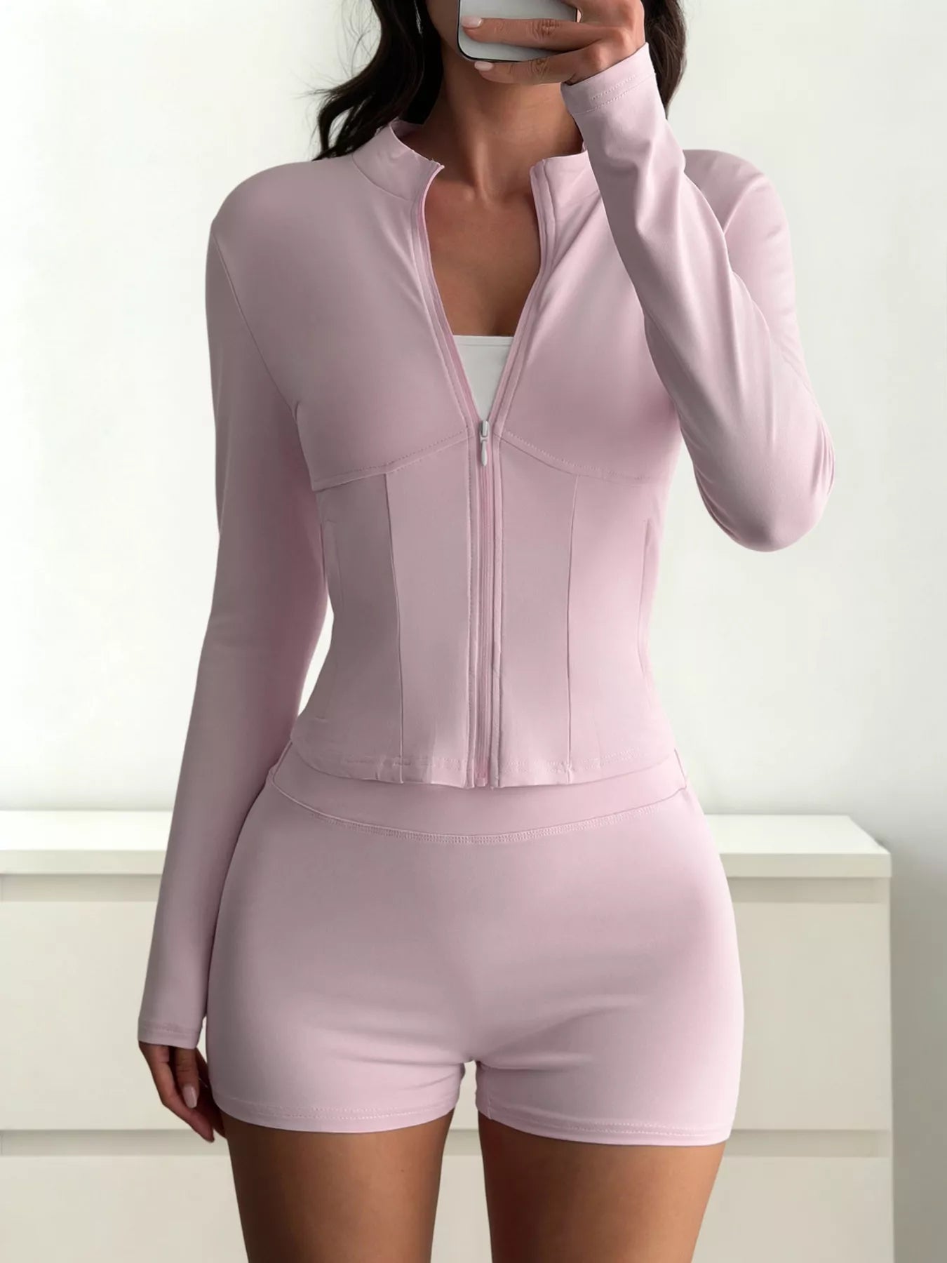 Zipper Front Long Sleeve Top and Shorts Active Set OutfitFlow