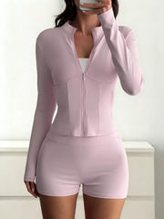 Zipper Front Long Sleeve Top and Shorts Active Set OutfitFlow