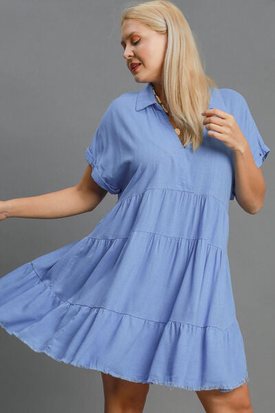 Umgee Full Size Raw Hem Folded Sleeve Tiered Dress Plus Size OutfitFlow