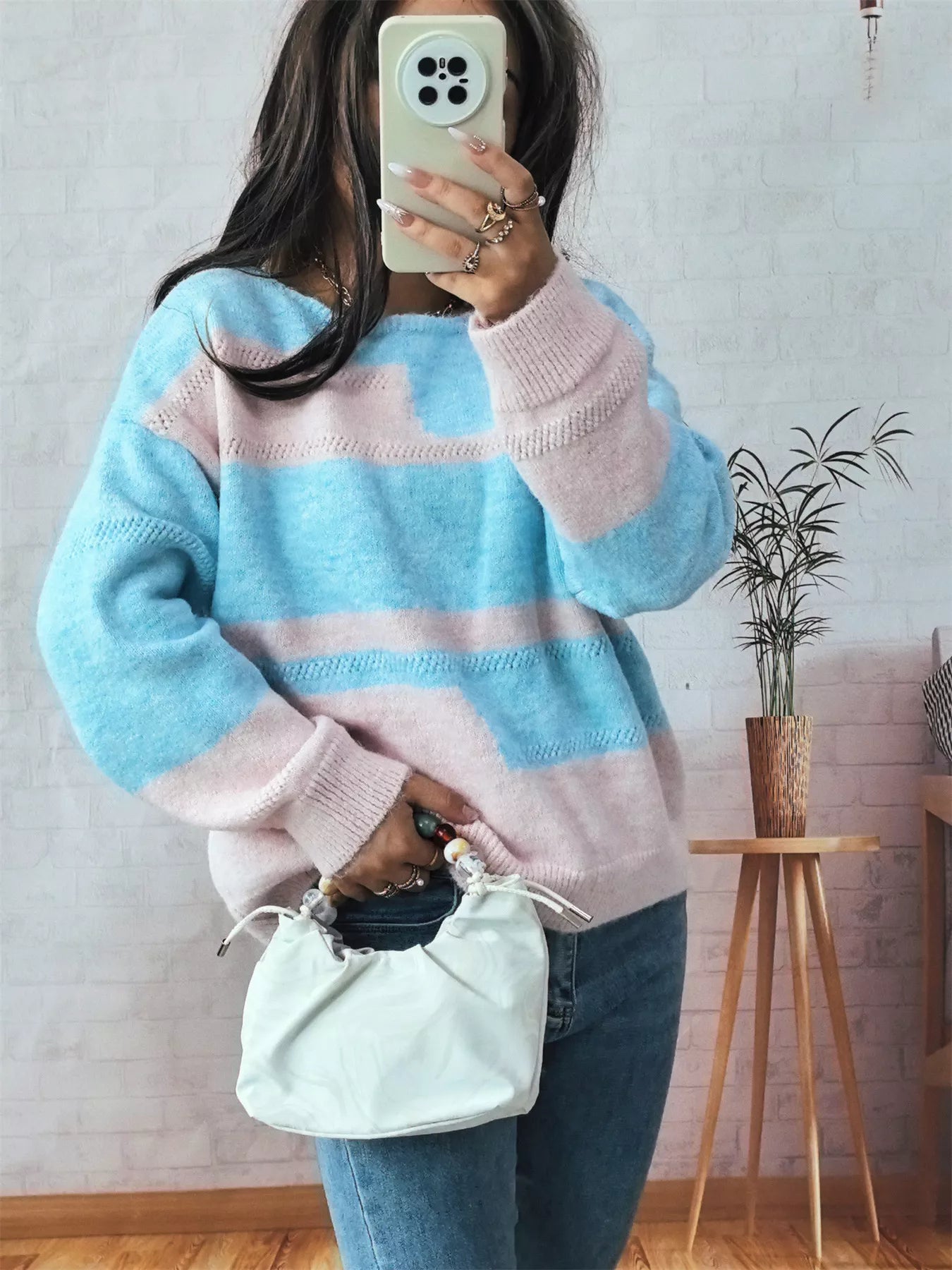 Color Block Round Neck Sweater OutfitFlow