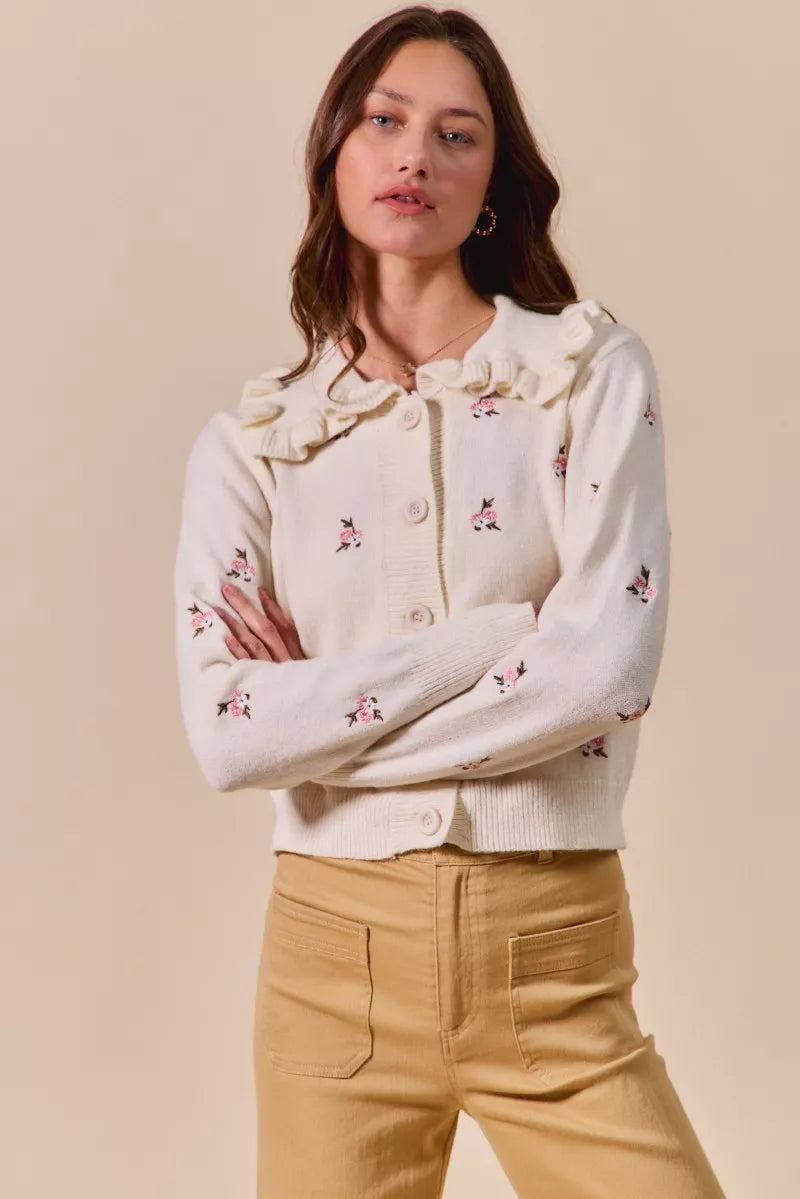 SO ME Collared Floral Embroidered Button Down Sweater Cardigan OutfitFlow