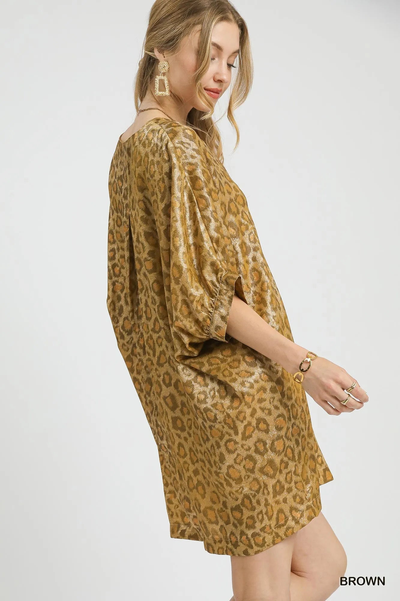 Umgee Metallic Leopard Print V-Neck Kimono Dress OutfitFlow