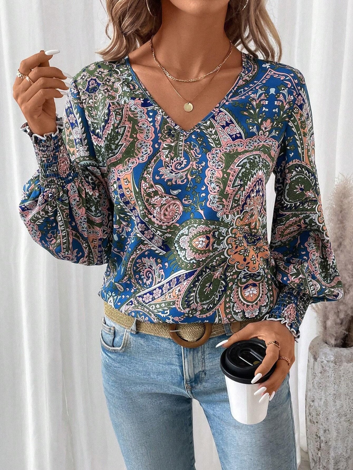 Printed V-Neck Lantern Sleeve Top