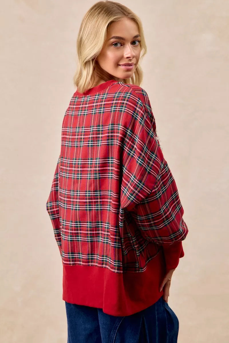 BiBi Holly Jolly Christmas Plaid Oversized Sweatshirt OutfitFlow