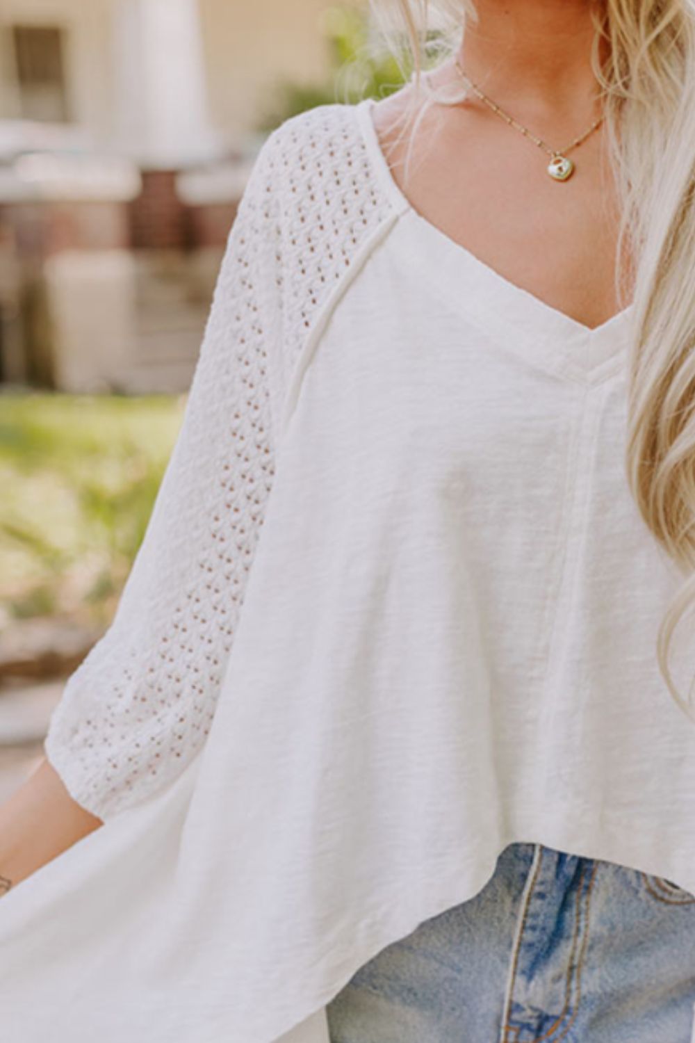 Openwork High Low Hem V Neck Oversized Top OutfitFlow