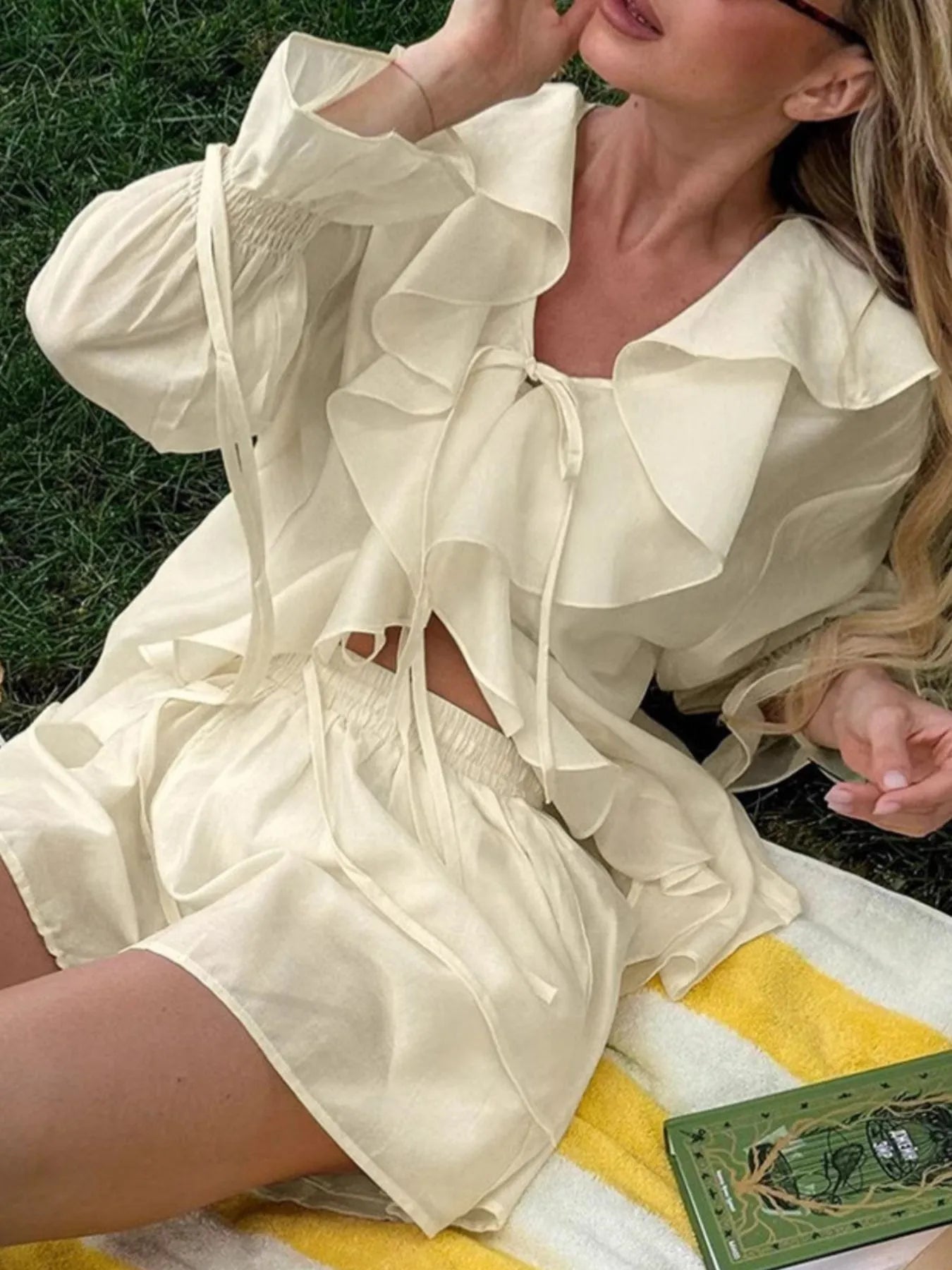 Ruffled V-Neck Top and Shorts Set OutfitFlow