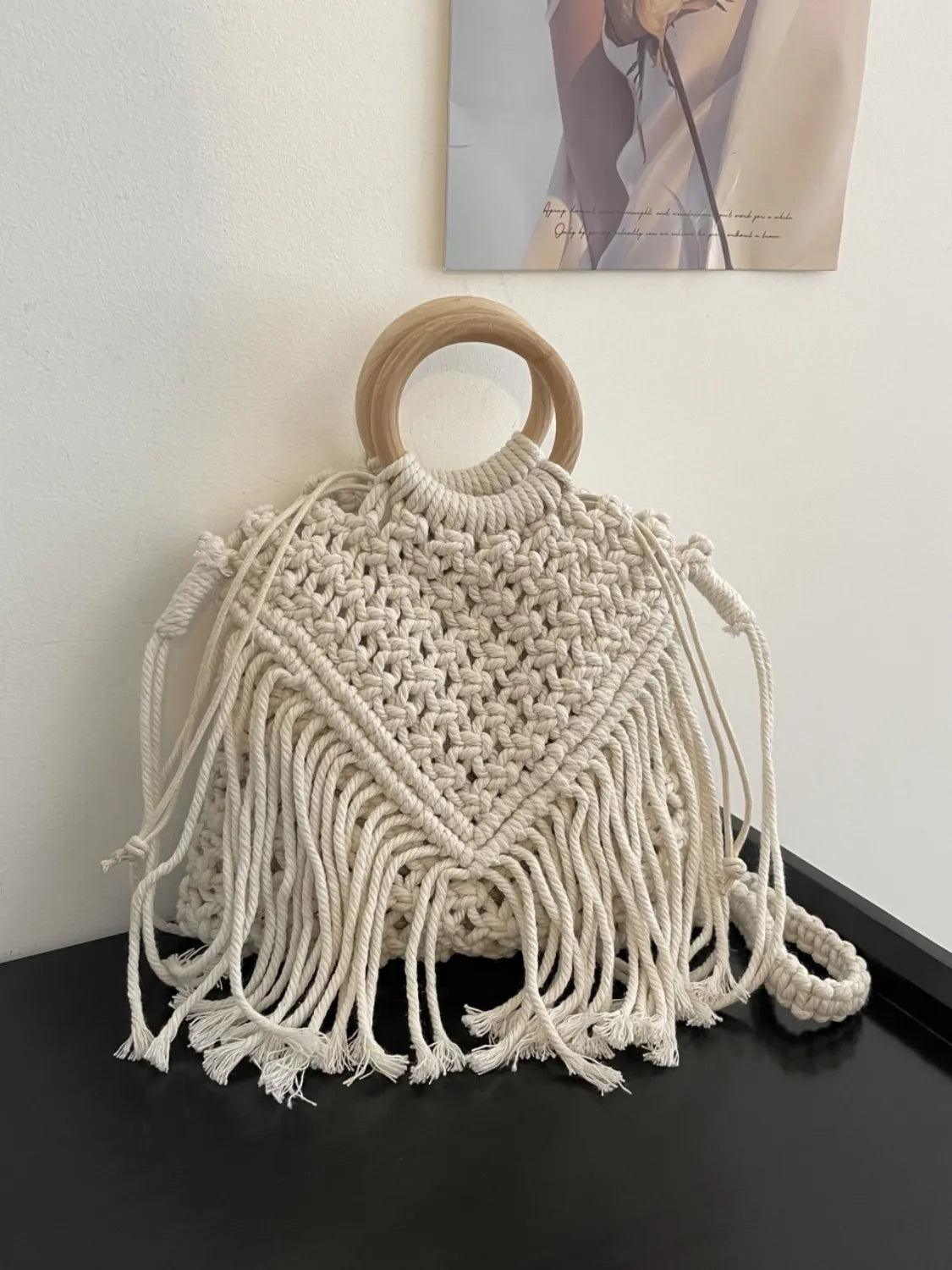 Drawstring Fringe Crochet Bag Beige One Size OutfitFlow