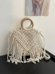 Drawstring Fringe Crochet Bag Beige One Size OutfitFlow
