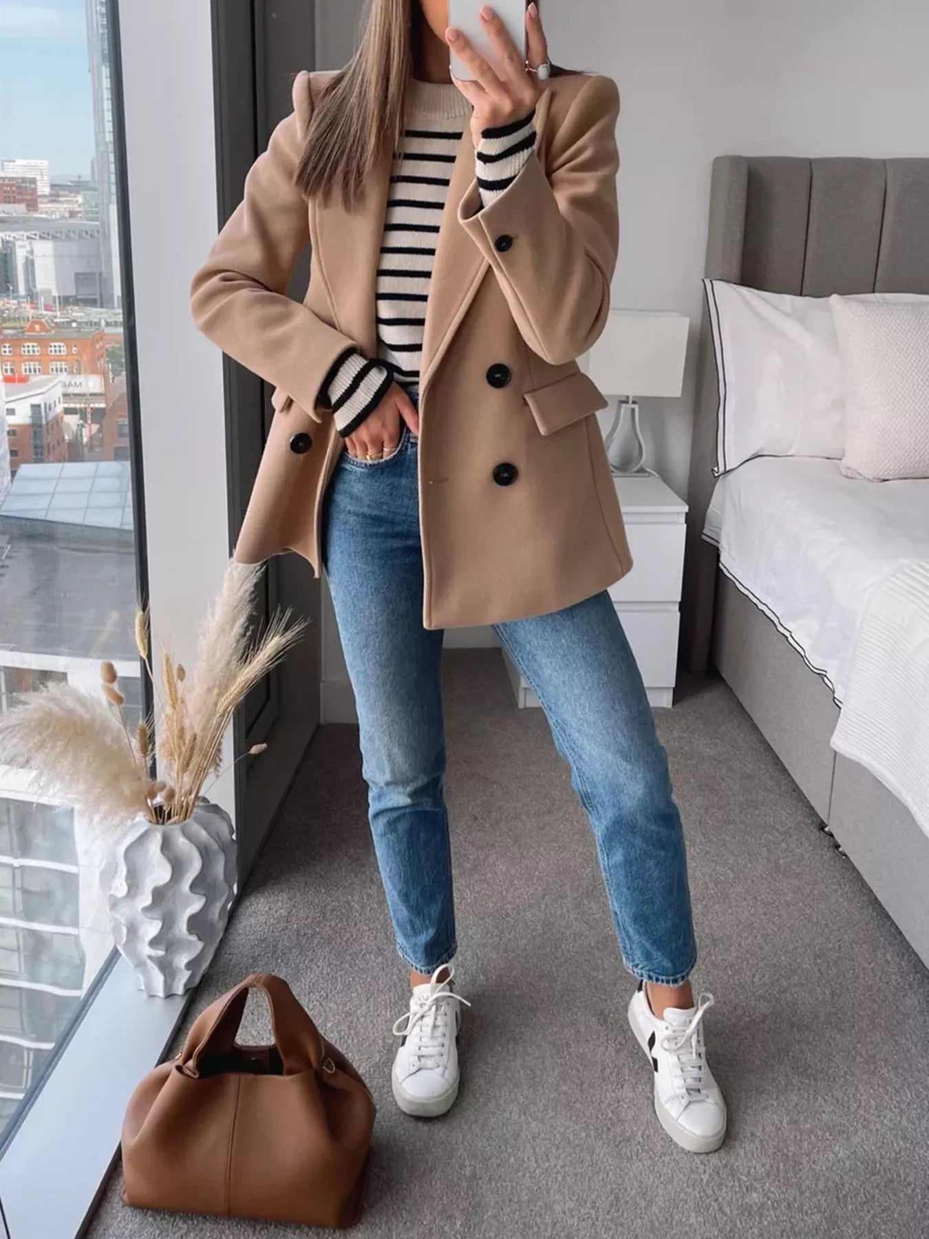 Lapel Collar Double-Breasted Blazer OutfitFlow
