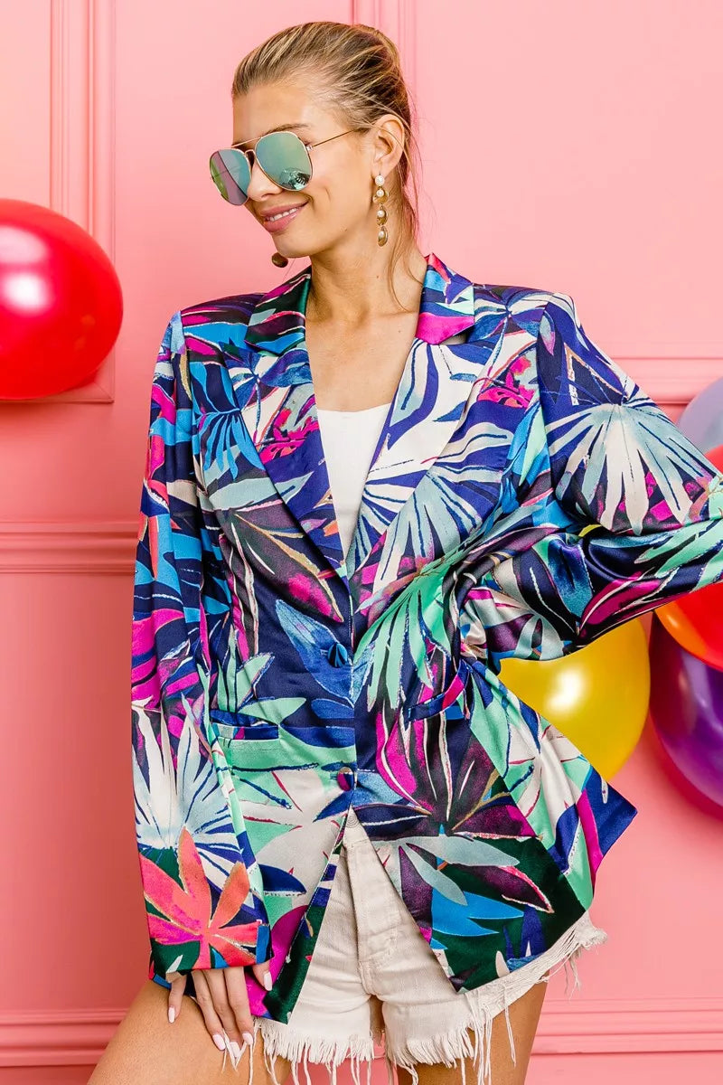 BiBi Thin Satin Tropical Single Blazer OutfitFlow