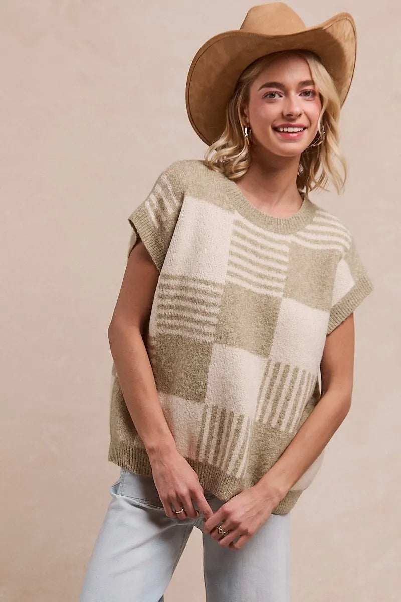 BiBi Checker With Stripes Pattern Sleeveless Sweater OutfitFlow