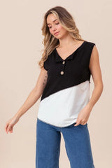 BiBi Color Block Contrast Stitching Buttoned Henley Top OutfitFlow