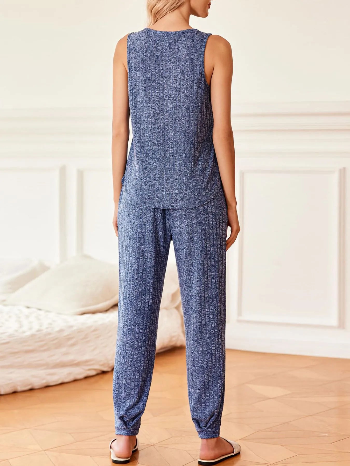 Ribbed Knit V-Neck Tank and Pants Lounge Set OutfitFlow
