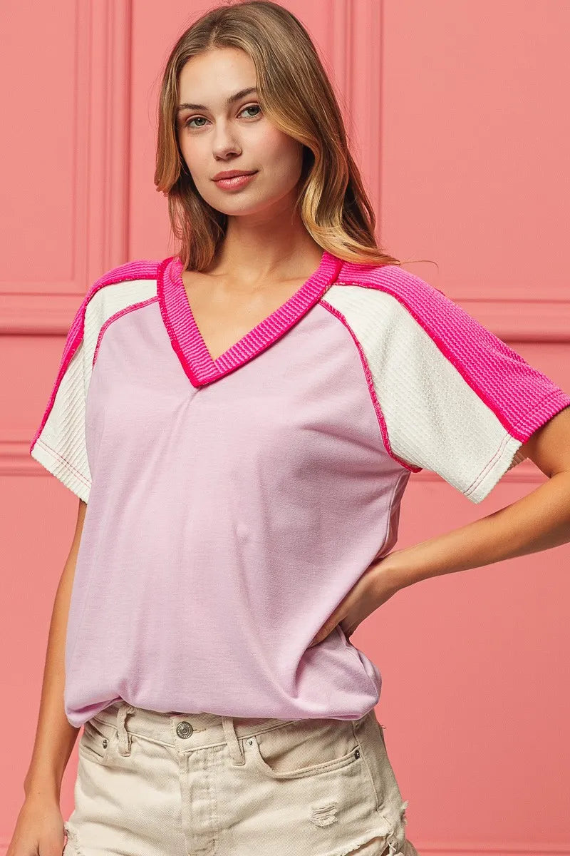 BiBi Cord Rib Combo V Neck Jersey Knit Top OutfitFlow