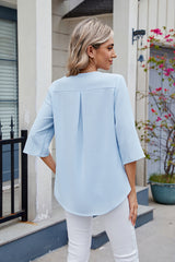 Outfit Flow - Ruffled V-Neck Three-Quarter Sleeve Blouse