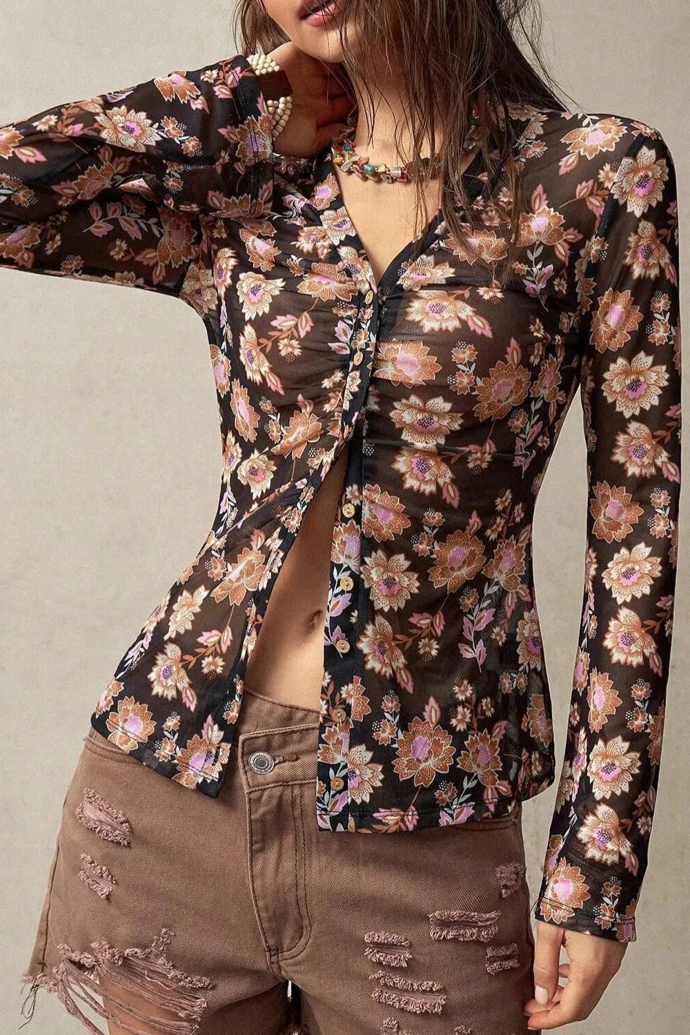 Floral Button-Front Shirt with Bell Sleeves OutfitFlow
