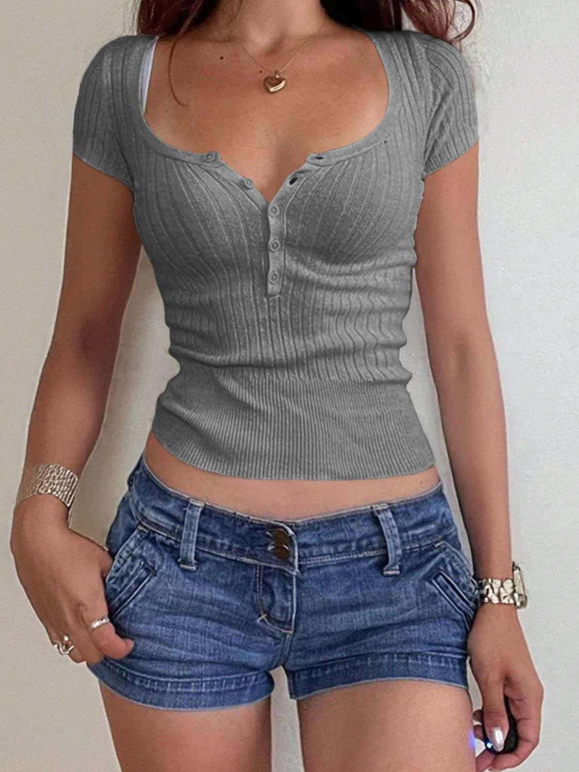 Half Button Scoop Neck Short Sleeve Knit Top