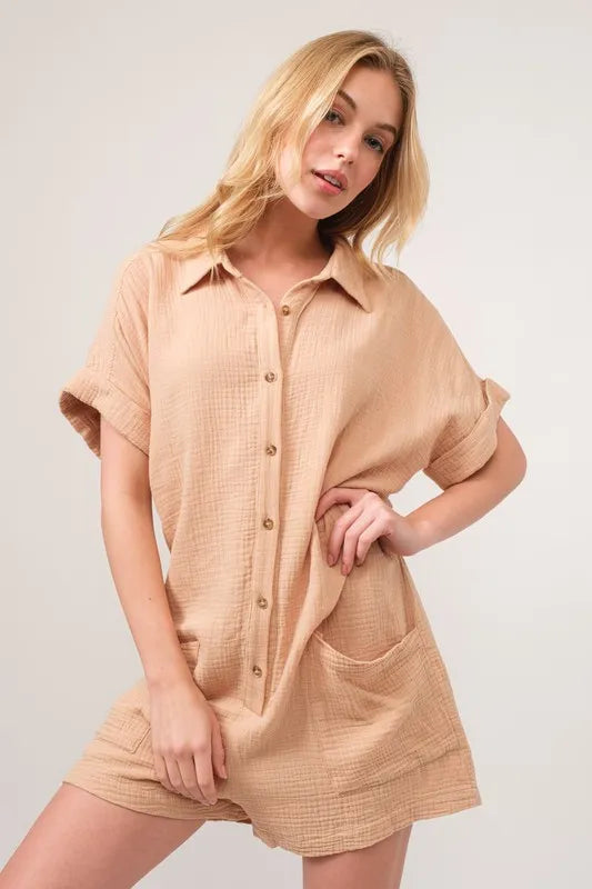 And The Why Washed Gauze Roll-up Sleeve Comfort Utility Romper OutfitFlow