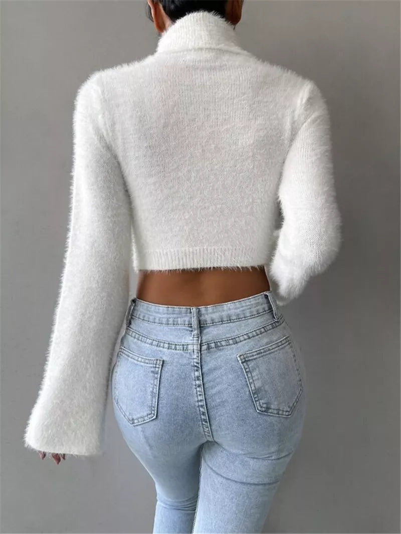 Fluffy Knit Turtleneck Bell Sleeve Cropped Sweater OutfitFlow