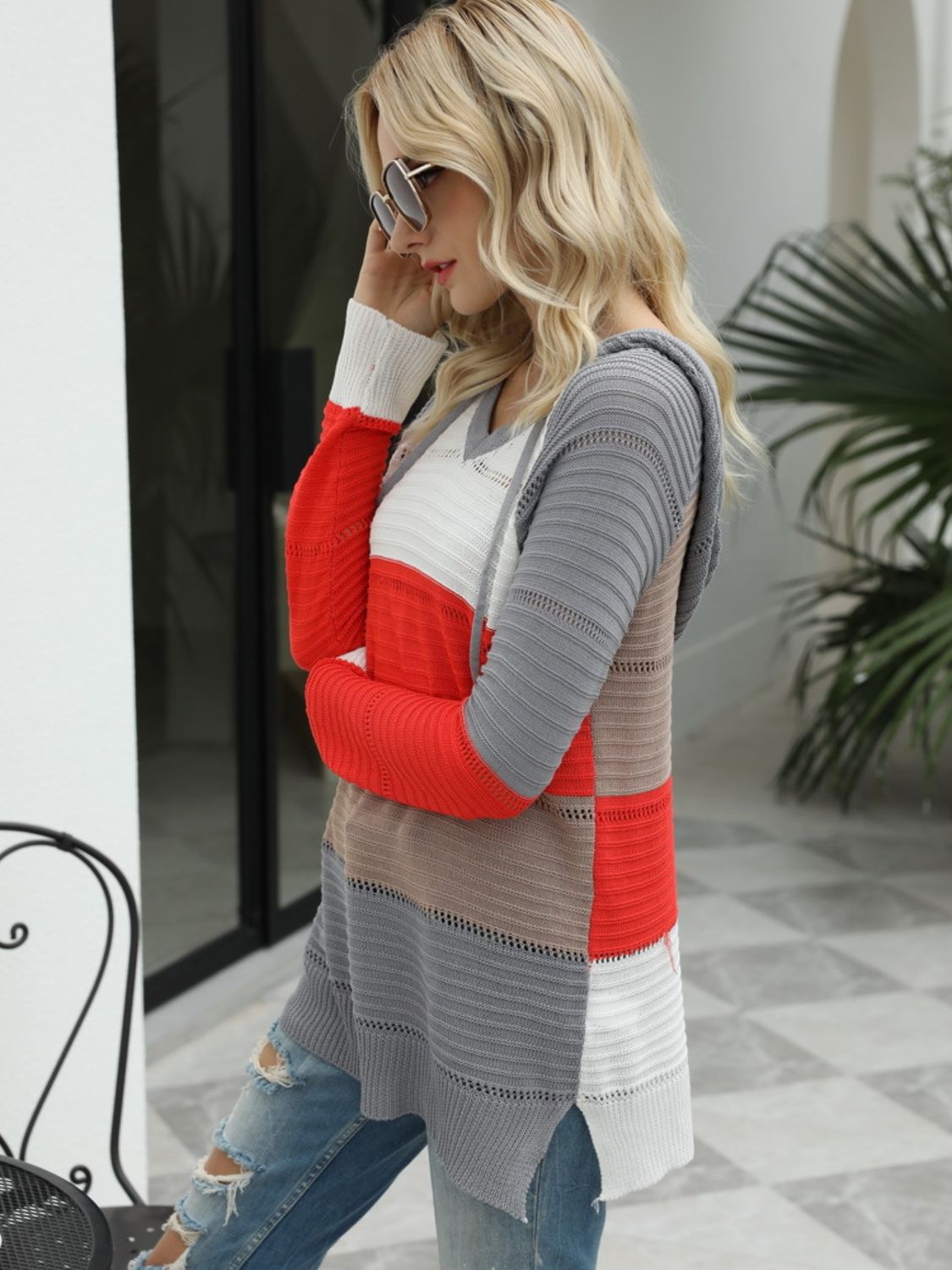 Drawstring Contrast Long Sleeve Hooded T-Shirt OutfitFlow