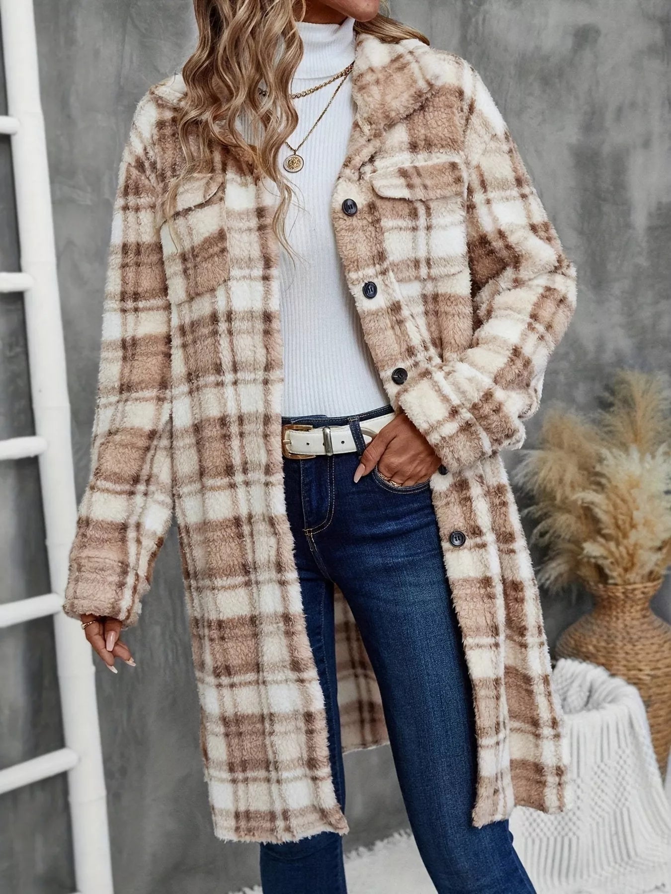 Plaid Fleece Button Up Longline Outerwear OutfitFlow