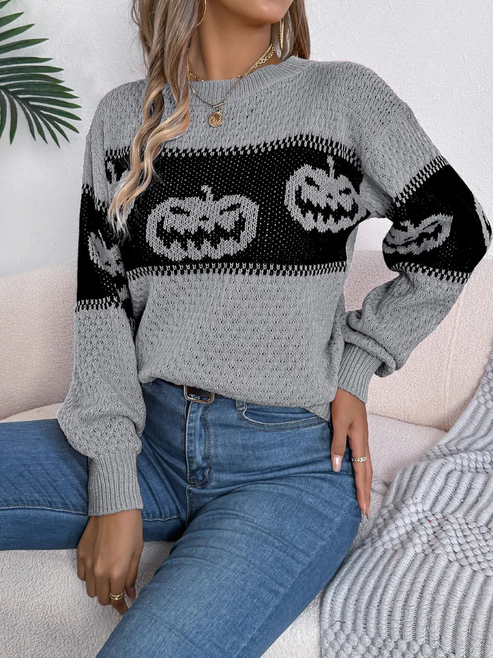 Pumpkin Round Neck Long Sleeve Sweater OutfitFlow