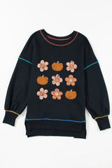 Pumpkin & Flower Graphic Long Sleeve Sweatshirt OutfitFlow